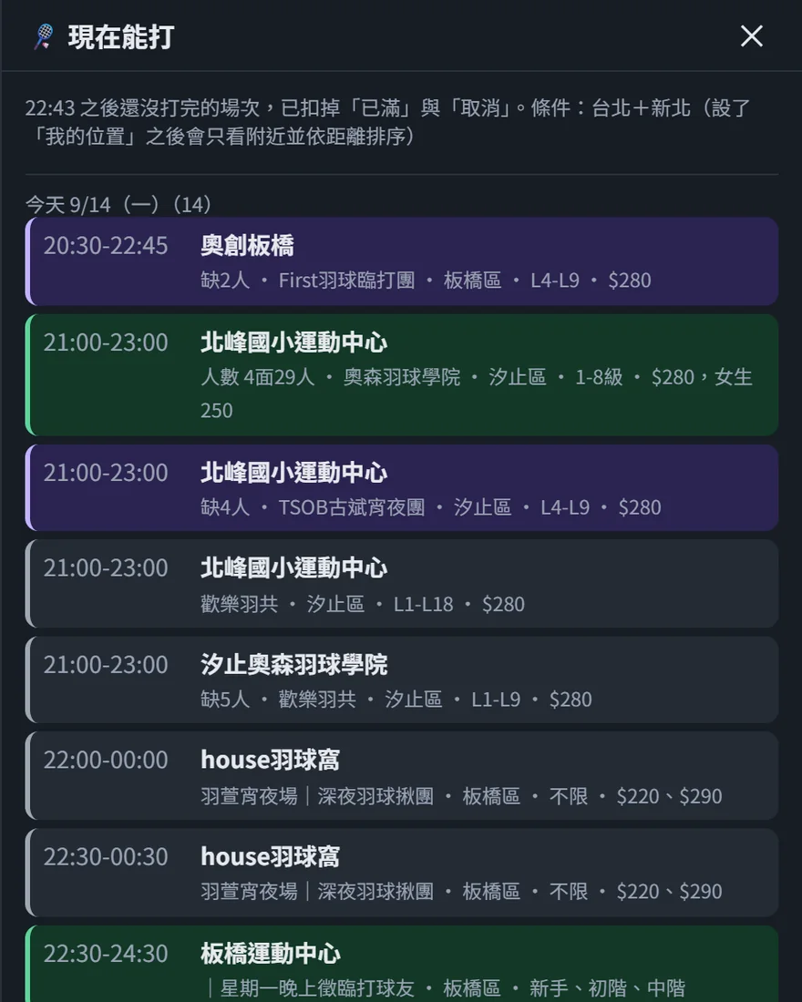 現在能打：列出今天剩下的與明天的場次，每筆寫著時間、球館、缺額、球團、行政區、程度與費用